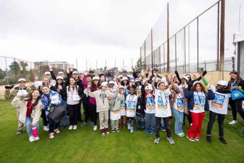 Captain Dustin Johnson of 4Aces GC, Patrick Reed of 4Aces GC, Harold Varner III of 4Aces GC and Pat Perez of 4Aces GC pose with After School All Stars of Greater Las Vegas students during the Potential, Unleashed event with the 4Aces GC at the University of Nevada on Tuesday, February 06, 2024 in Las Vegas, United States. (Photo by Chris Trotman/LIV Golf)